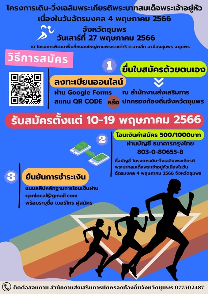 📣ขอเชิญร่วมกิจกรรมเดิน –วิ่ง เฉลิมพระเกียรติ พระบาทสมเด็จพระเจ้าอยู่หัว เนื่องในวันฉัตรมงคล ๔ พฤษภาคม ๒๕๖๖ (FUN RUN 5 KM.) ในวันเสาร์ที่ 27 พฤษภาคม 2566 ณ โครงการพัฒนาพื้นที่หนองใหญ่ตามพระราชดำริ ตำบลบางลึก อำเภอเมืองชุมพร จังหวัดชุมพร
     สมัครได้ตั้งแต่บัดนี้จนถึงวันที่ 19 พฤษภาคม 2566 ลิ้งสมัครวิ่ง🏃‍♂️ https://forms.gle/k6f75j8FDkTasqJZ7 
ค่าสมัครบุคคลทั่วไป 500 บาท 
ค่าสมัคร VIP 1,000 บาท
เงินรายได้จากการดำเนินงานเข้ามูลนิธิร่วมจิตต์น้อมเกล้าฯเพื่อเยาวชนในพระบรมราชินูปถัมภ์ และมูลนิธิชัยพัฒนา