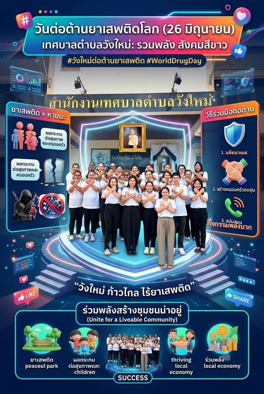 วันนี้ 26 มิถุนายน 2569 เวลา 09.00น.บุคลากร ข้าราชการพนักงานเทศบาลตำบลวังใหม่รวมพลังรณรงค์ “วันต่อต้าน ยาเสพติดโลก” 26 มิถุนายน 2569 ณเทศบาลตำบล วังใหม่ อำเภอเมือง จังหวัดชุมพร
