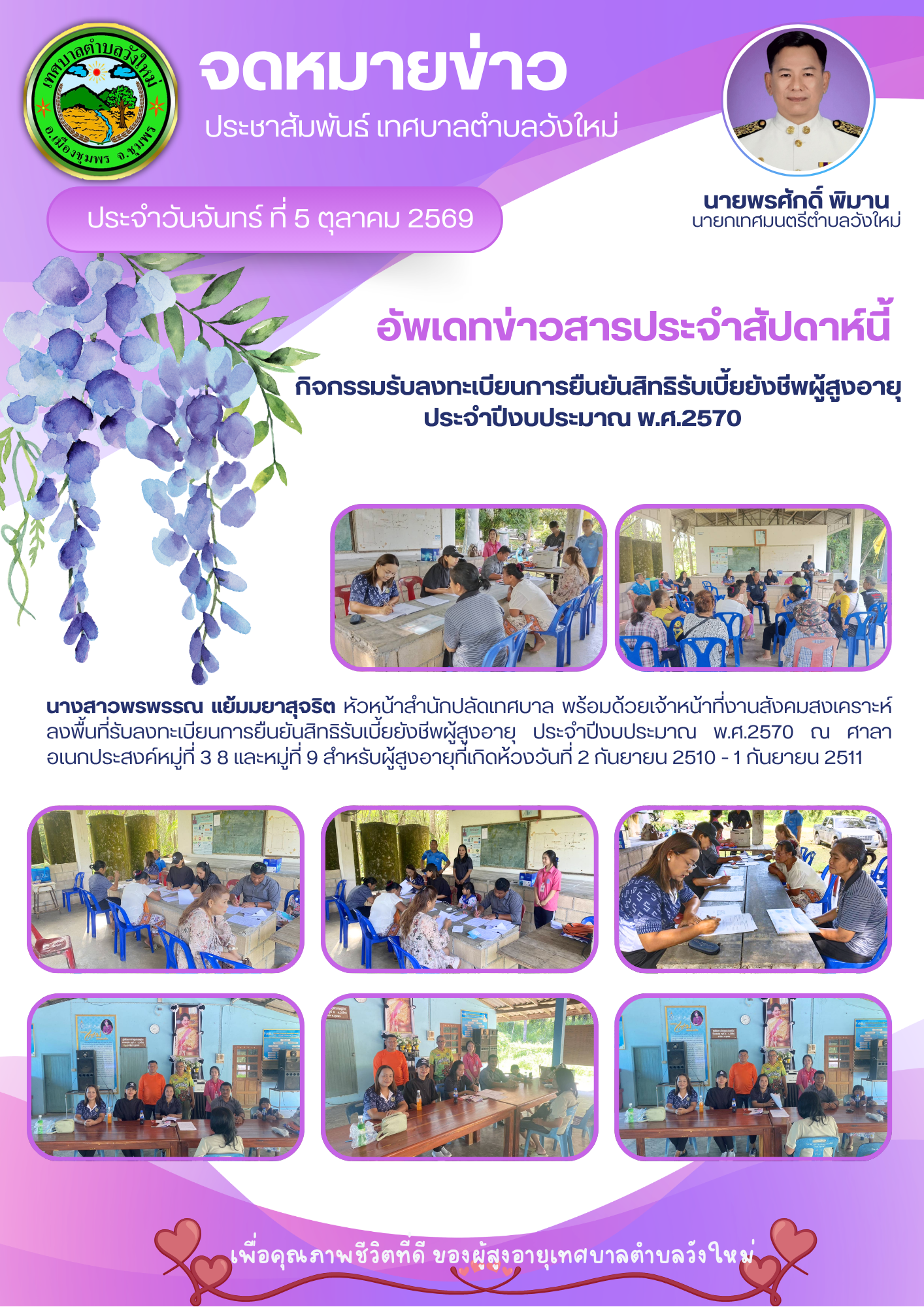 กิจกรรมรับลงทะเบียนการยืนยันสิทธิรับเบี้ยยังชีพผู้สูงอายุ
ประจำปีงบประมาณ พ.ศ.2570